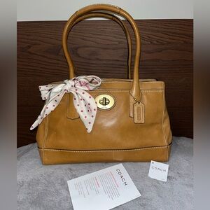 Coach Tan Leather Satchel with Polka Dot Scarf